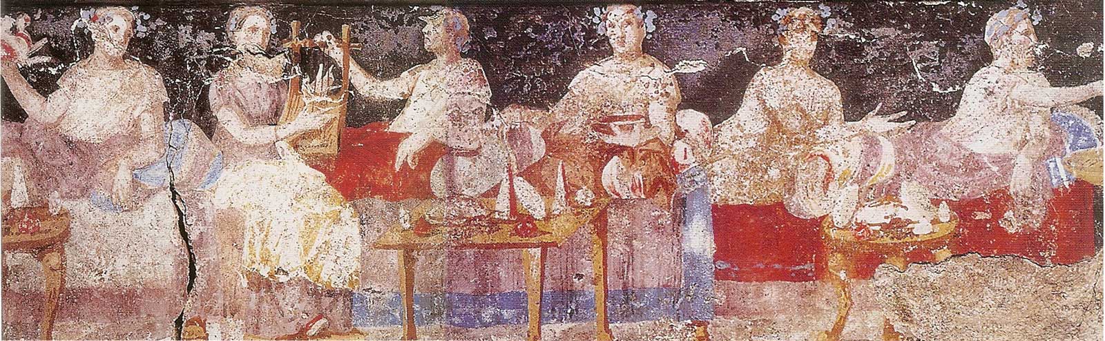 Τμήμα ζωγραφικής παράστασης συμποσίου, Μακεδονικός Τάφος Αγίου Αθανασίου, τέλη 4ου αι. π.Χ. (© Υπουργείο Πολιτισμού / Εφορεία Αρχαιοτήτων Περιφέρειας Θεσσαλονίκης)
