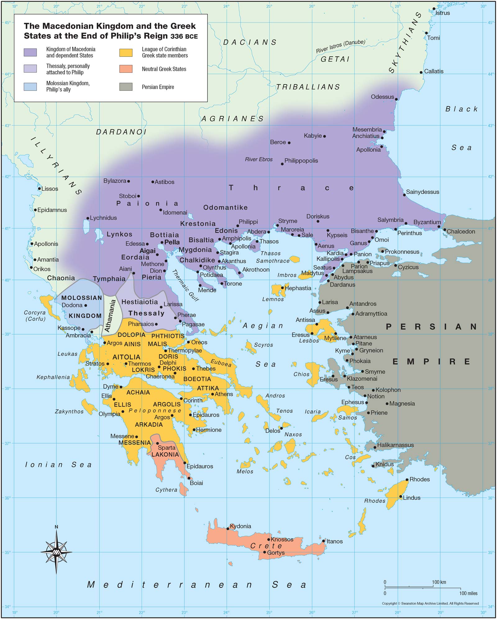 Το Μακεδονικό Βασίλειο και οι Ελληνικές Πολιτείες στο τέλος της βασιλείας του Φιλίππου, 336 π.Χ. (© Υπουργείο Πολιτισμού / Εφορεία Αρχαιοτήτων Ημαθίας)
