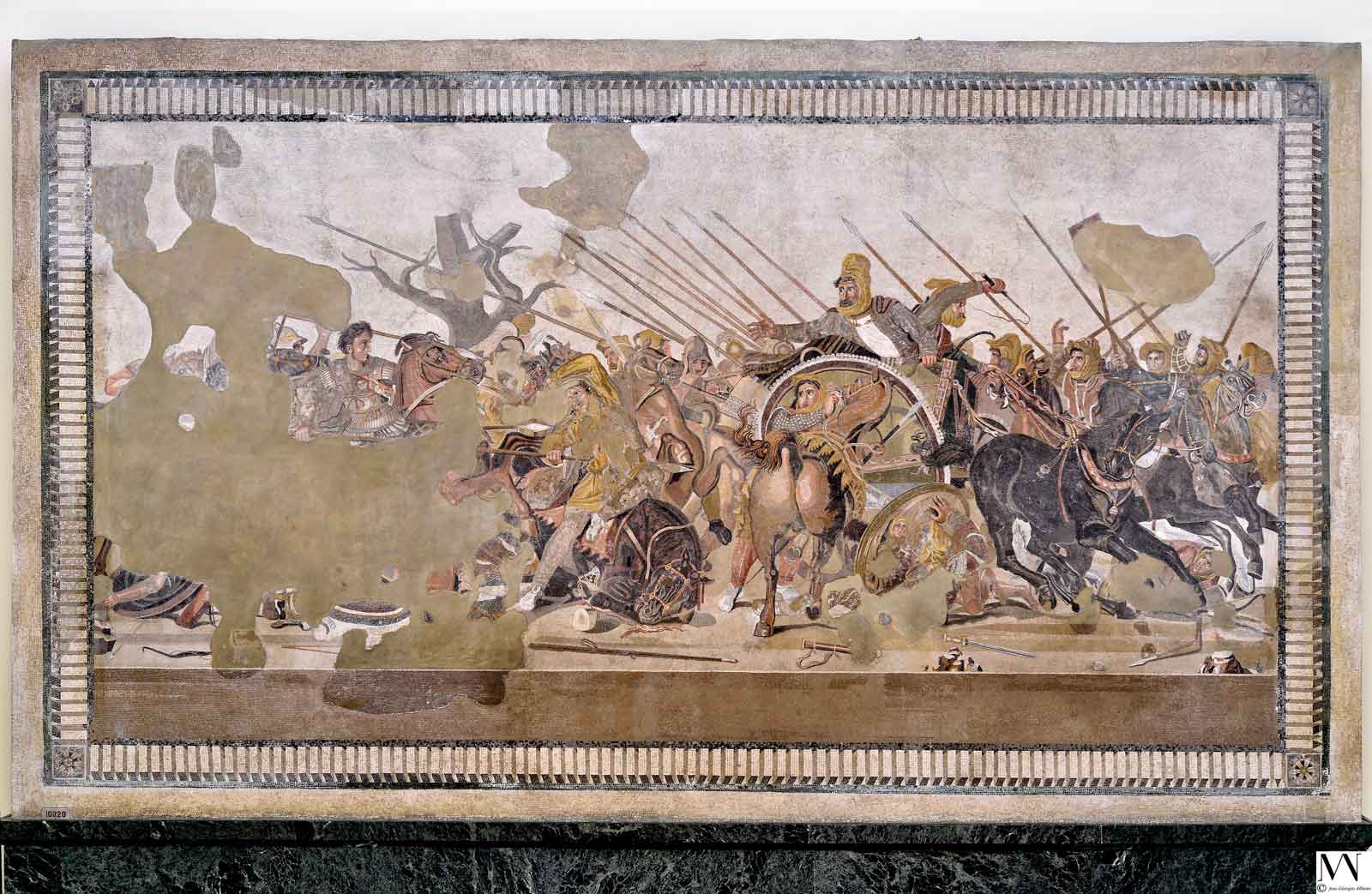 Ψηφιδωτό δάπεδο που απεικονίζει τη μάχη μεταξύ του Μεγάλου Αλεξάνδρου και του Πέρση βασιλιά Δαρείου Γ΄. Οικία του Φαύνου, Πομπηία, 2ος αιώνας π.Χ. (© Νάπολη, Εθνικό Αρχαιολογικό Μουσείο)
